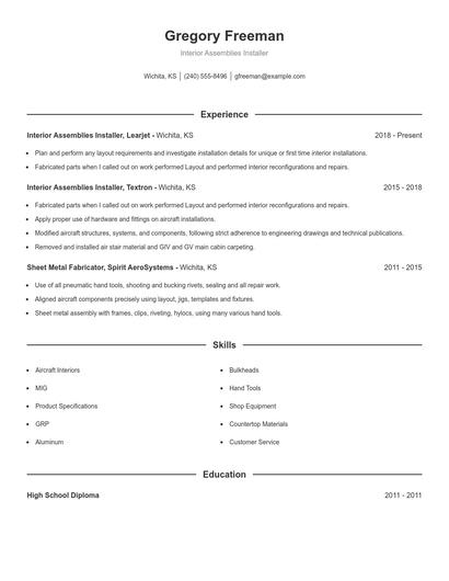 Interior Assemblies Installer Resume