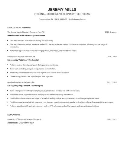 Internal Medicine Veterinary Technician Resume