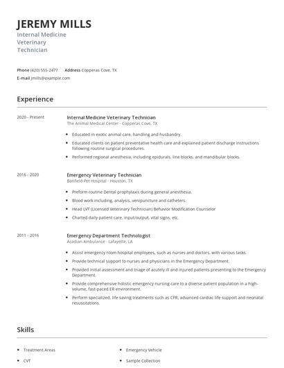 Internal Medicine Veterinary Technician Resume