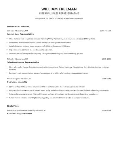 Internal Sales Representative Resume