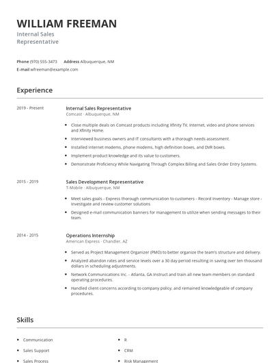 Internal Sales Representative Resume
