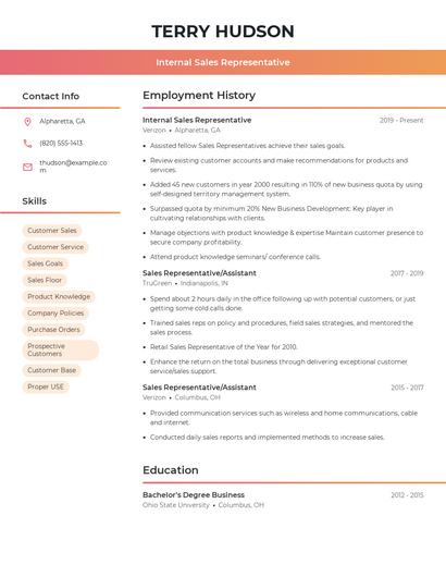 Internal Sales Representative Resume