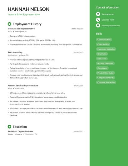 Internal Sales Representative Resume