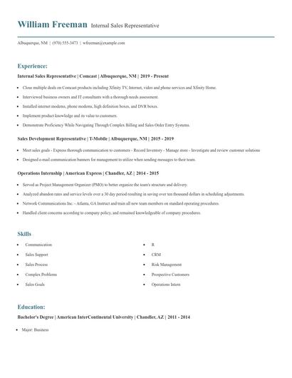 Internal Sales Representative Resume