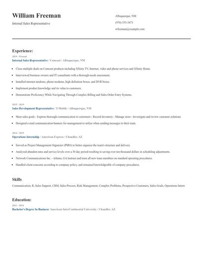 Internal Sales Representative Resume