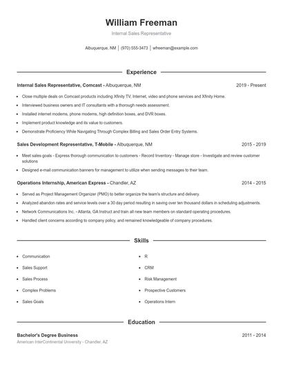 Internal Sales Representative Resume
