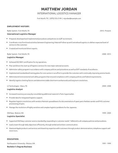 International Logistics Manager Resume