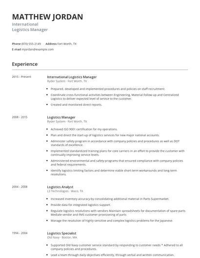 International Logistics Manager Resume