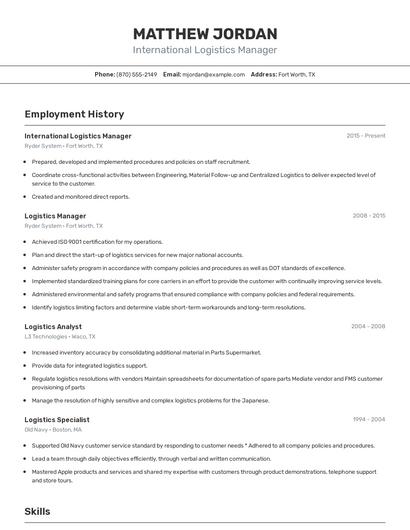 International Logistics Manager Resume