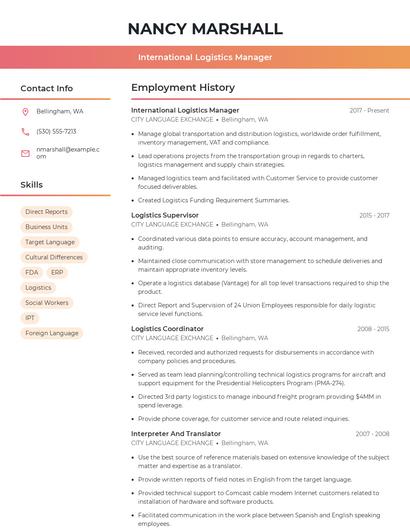 International Logistics Manager Resume