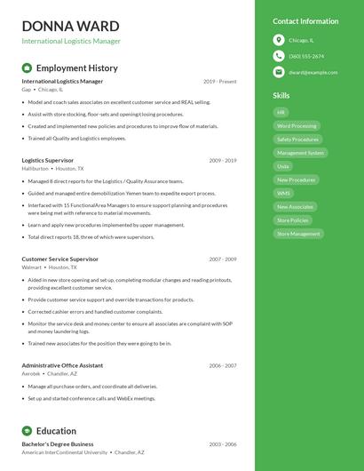 International Logistics Manager Resume