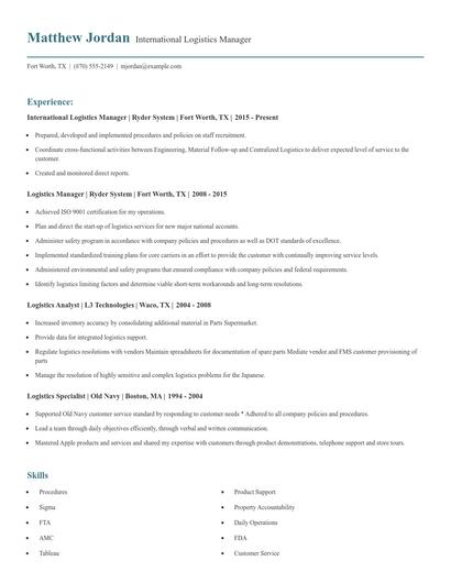 International Logistics Manager Resume