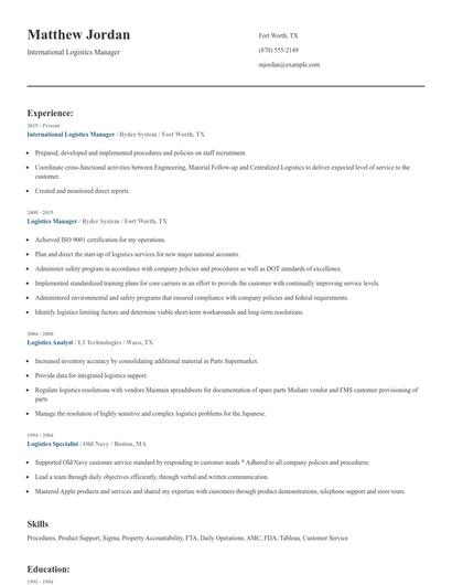 International Logistics Manager Resume