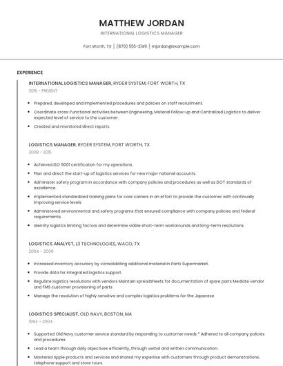 International Logistics Manager Resume