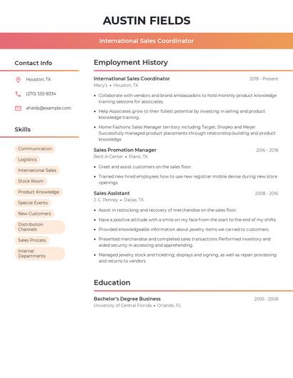 International Sales Coordinator Resume