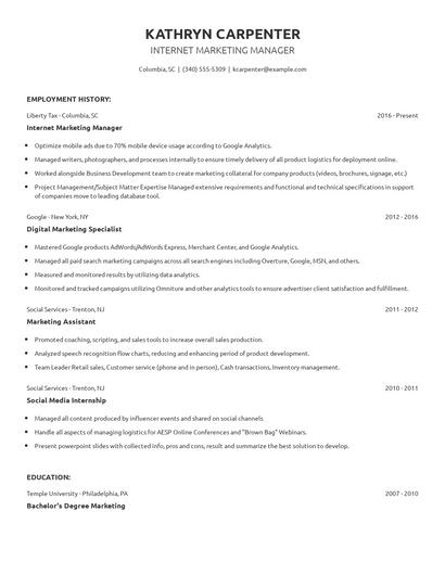 Internet Marketing Manager Resume