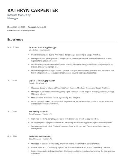 Internet Marketing Manager Resume