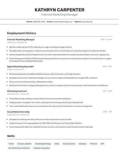 Internet Marketing Manager Resume