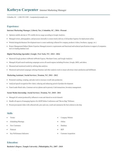 Internet Marketing Manager Resume