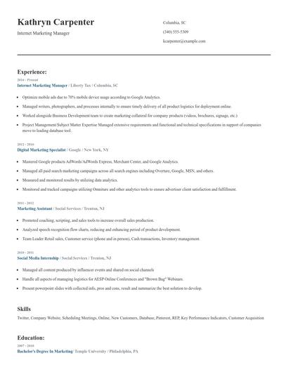Internet Marketing Manager Resume