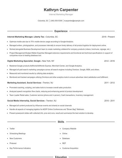 Internet Marketing Manager Resume