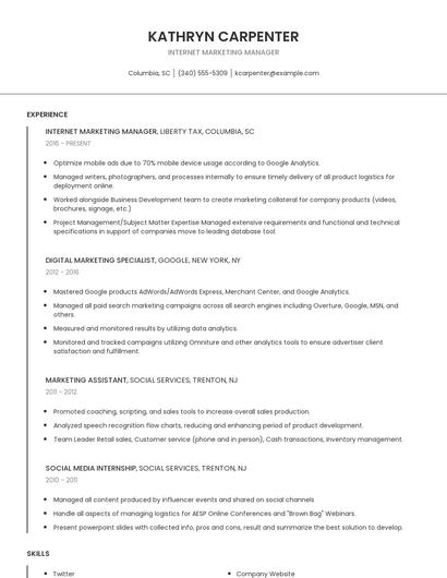 Internet Marketing Manager Resume