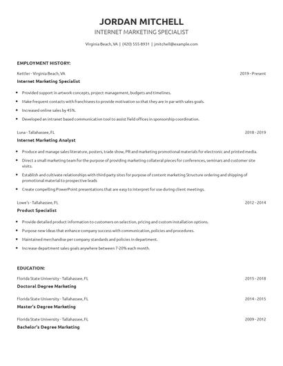 Internet Marketing Specialist Resume