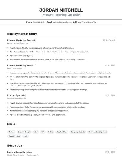 Internet Marketing Specialist Resume