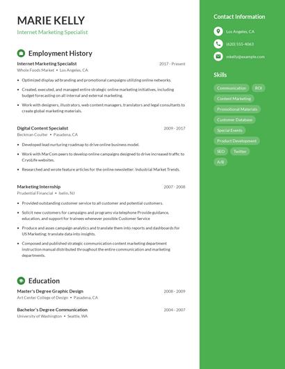 Internet Marketing Specialist Resume