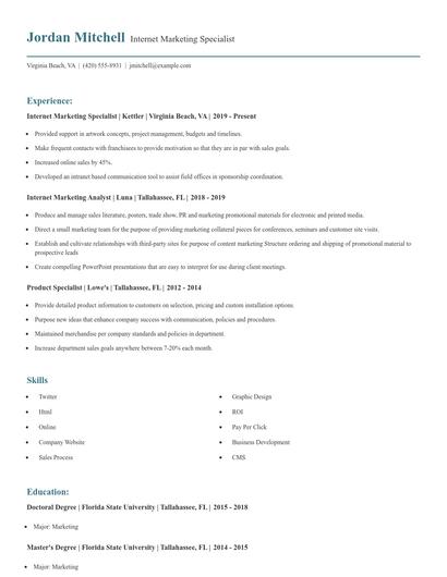 Internet Marketing Specialist Resume