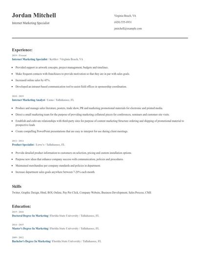 Internet Marketing Specialist Resume