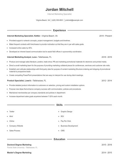 Internet Marketing Specialist Resume