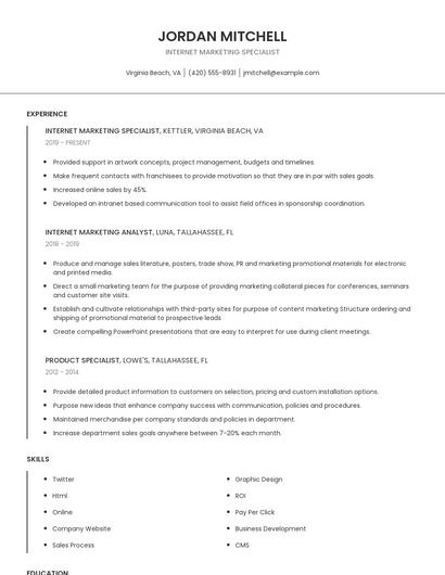 Internet Marketing Specialist Resume