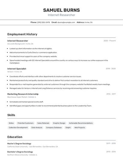 Internet Researcher Resume