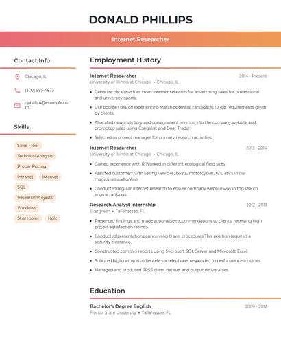 Internet Researcher Resume