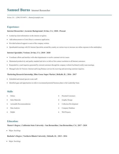 Internet Researcher Resume