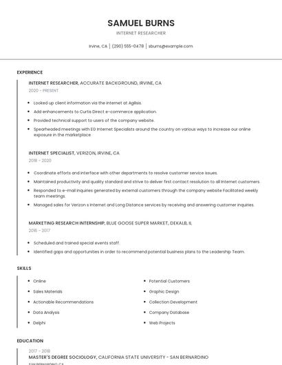Internet Researcher Resume