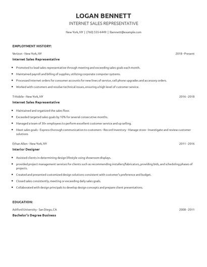 Internet Sales Representative Resume
