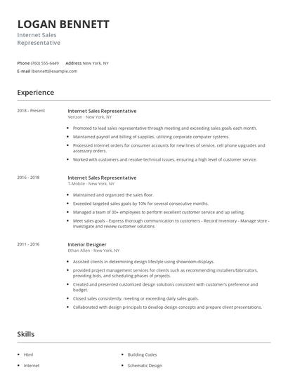 Internet Sales Representative Resume