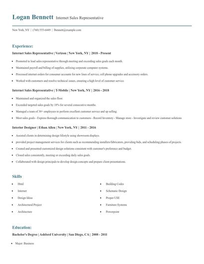 Internet Sales Representative Resume