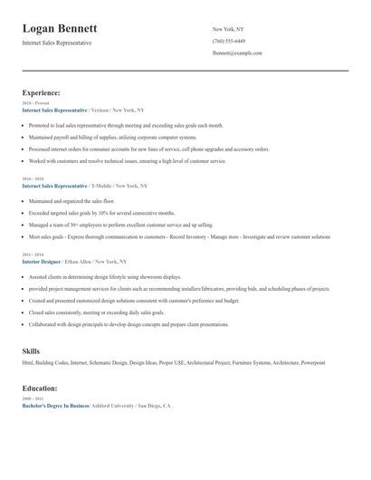Internet Sales Representative Resume