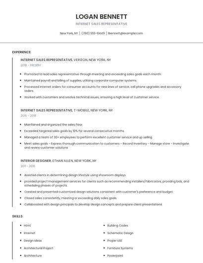 Internet Sales Representative Resume
