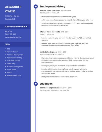 Internet Sales Specialist Resume