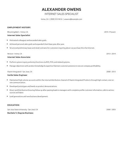 Internet Sales Specialist Resume