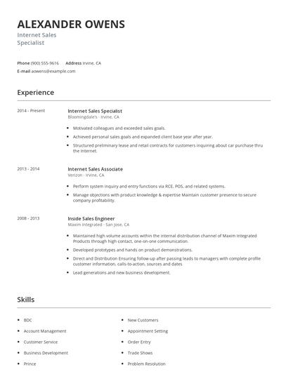 Internet Sales Specialist Resume