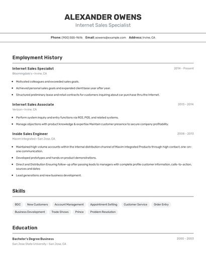 Internet Sales Specialist Resume