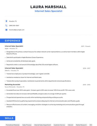 Internet Sales Specialist Resume