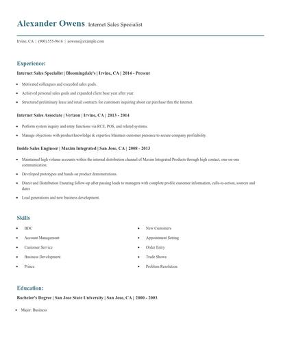 Internet Sales Specialist Resume