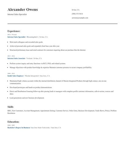 Internet Sales Specialist Resume