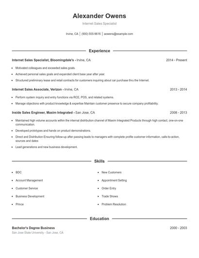 Internet Sales Specialist Resume